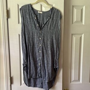 CP Shades Casual 100% Linen Blue Button-Up Tunic Top Size S